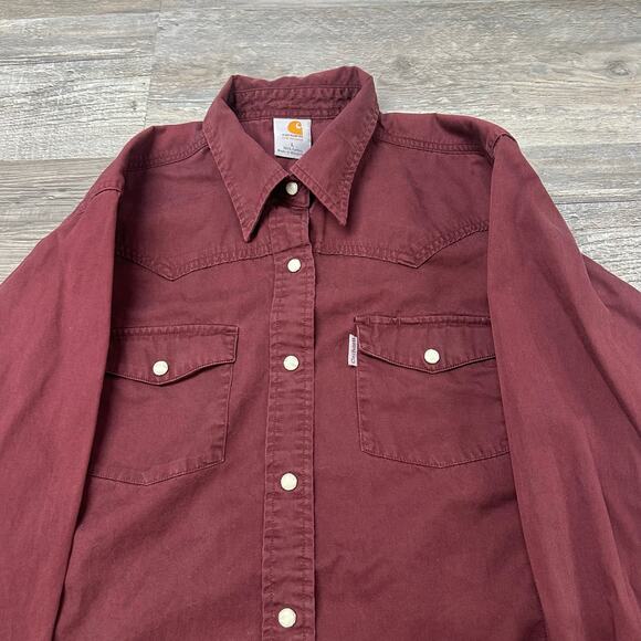 Carhartt Shirt Pearl Snap Burgundy Womens L Shacket Flap Pocket Workwear EUC - Picture 1 of 8
